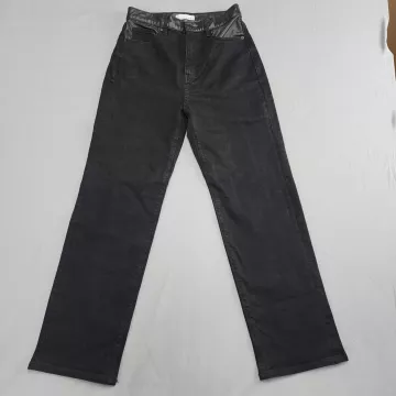 LOFT The Straight Jeans Womens 24 00 Black High Rise Faux Leather Trim Stretch - Front