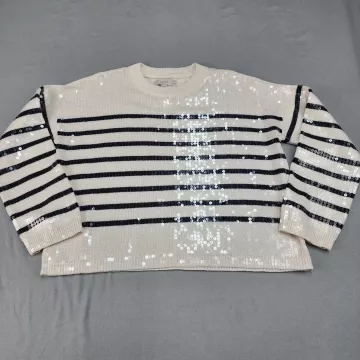 LOFT Women's Medium Petite Sweater Ivory Black Striped Sequin Cotton Pullover - Front