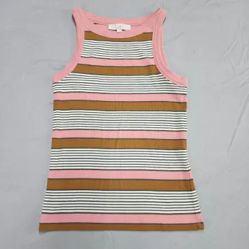 LOFT Women's S Tank Top Striped Ribbed Knit Crew Neck Multicolor Pink Cotton - Front