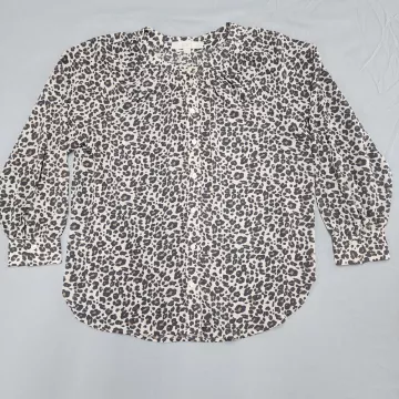 LOFT Womens Blouse Medium Petite MP Leopard Animal Print Button Up 3/4 Sleeve - Front