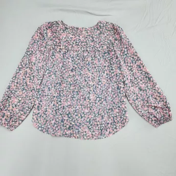 LOFT Womens Size S Floral Peasant Blouse Metallic Pleated Long Sleeve Lined - Front