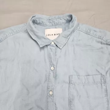 Lola River Womens M Blue Chambray Button Up Shirt Tencel Lyocell Short Sleeve - Main