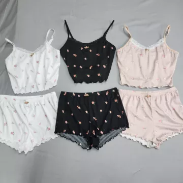 Lot of 3 Women's Cami Shorts Pajama Set Size M Ribbed Lace Trim Floral Knit - Front