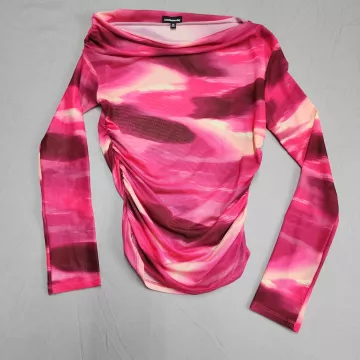 LoveWednesday Womens M Pink Abstract Mesh Ruched Cowl Neck Long Sleeve Blouse - Front