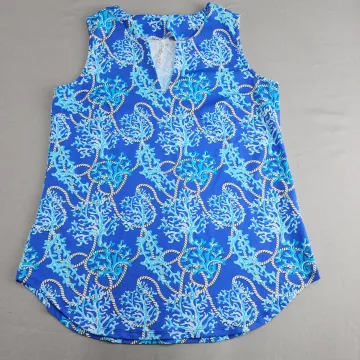 Lulu-B Tank Top Women's S Blue Multi Coral Nautical V-Neck Quarter Zip - Front