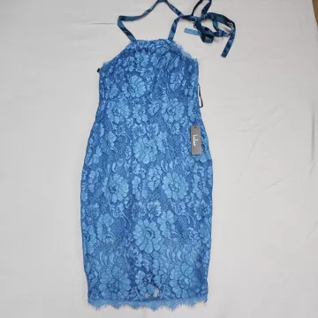 Lulus Womens XS Blue Floral Lace Halter Sheath Dress Sleeveless Lined - Front