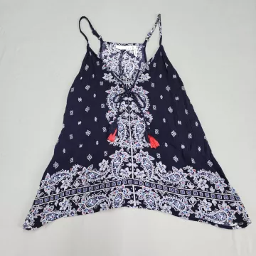 LUQ Womens M Navy Blue Paisley Camisole Top V-Neck Handkerchief Hem Tassels - Front