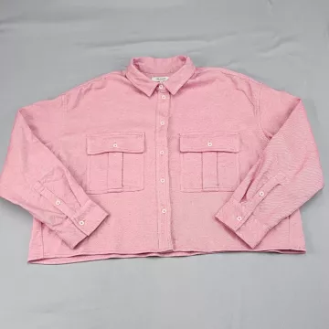 Madewell Womens L Pink Striped Cropped Button Up Shirt Cotton Twill Overshirt - Front