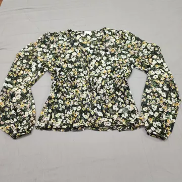 Madison Berkeley Womens S Black Floral Sheer Mesh Smocked V Neck Peplum Blouse - Front