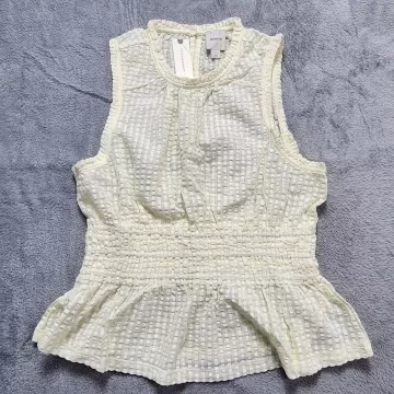 Maeve Anthropologie Blouse Size L Ivory Smocked Peplum Sleeveless Textured Top - Front