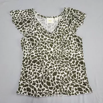 Maeve Anthropologie Womens S Green Animal Print Ruffle Sleeve V-Neck T-Shirt - Front