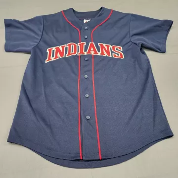 Majestic Cleveland Indians Baseball Jersey Mens Large Navy Blue Button Mesh - Front
