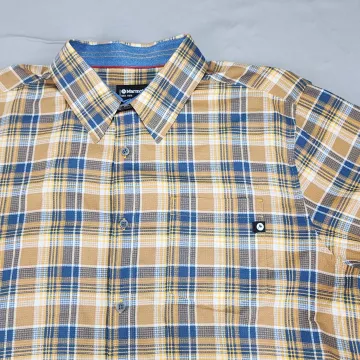 Marmot Men's XXL 2XL Short Sleeve Button Up Shirt Brown Blue Plaid Lightweight - Main