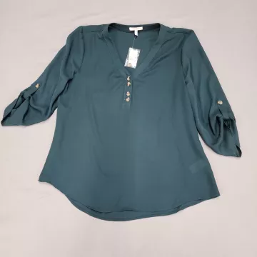 maurices Blouse Womens M Dark Green V-Neck Henley Roll Tab Sleeve Top NWT - Front