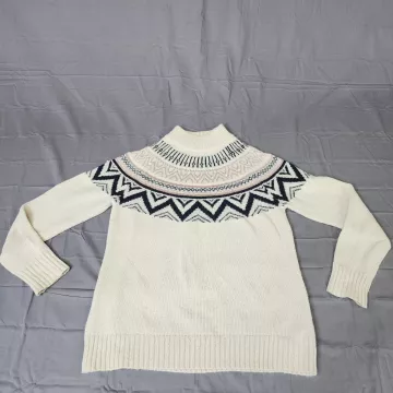 Maurices Womens M Ivory Fair Isle Mock Neck Pullover Sweater Pearl Metallic - Front