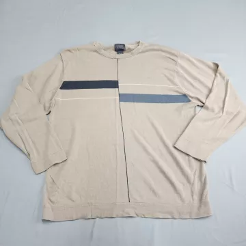 Mercer Street Studio Men's XL Beige Striped Silk Cotton Blend Crewneck Sweater - Front