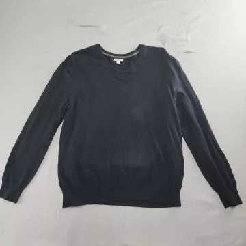 Merona Men's Size L Black V-Neck Sweater 100% Cotton Knit Pullover Long Sleeve - Front