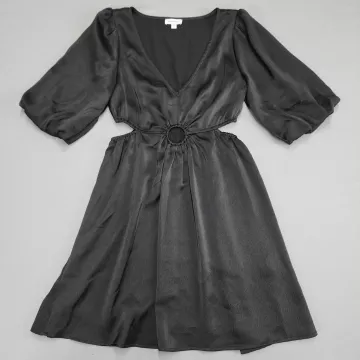 mittoshop Black Cutout O-Ring Fit Flare Mini Dress Women's Size S Puff Sleeve - Front