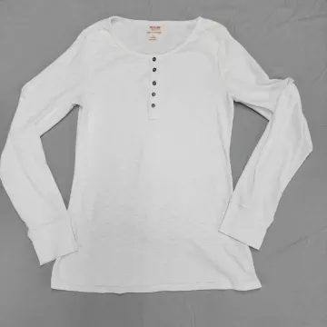 Mossimo Supply Co Womens L White Long Sleeve Henley T-Shirt Ribbed Knit - Front