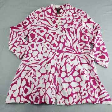 MULTIPLES Blouse Women's M White Magenta Abstract Animal Print 3/4 Sleeve Linen - Front