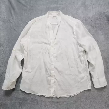 Murano Baird McNutt Irish Linen Shirt Men's XL White Band Collar Roll Tab - Front