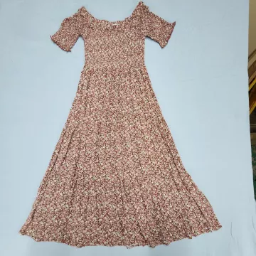 Natural Life Womens Dress XS S Brown Floral Smocked Short Sleeve Midi - Front