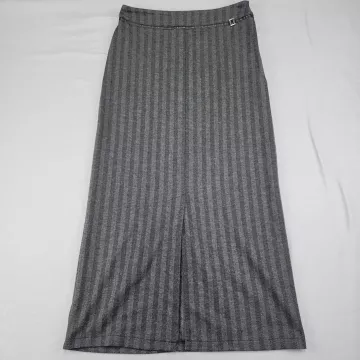 New York & Company Womens M Gray Herringbone Maxi Skirt Slit Buckle Stretch - Front