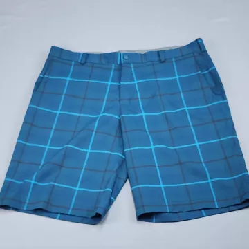 Nike Golf Tour Performance Shorts Mens 38 Teal Blue Plaid Dri-Fit Stretch - Front