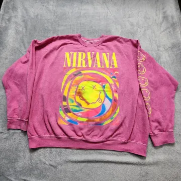 Nirvana Sweatshirt Women's 3XL Pink Crewneck Pullover Smiley Face Graphic Fleece - Front
