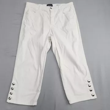 NYDJ Womens Size 12 White Cropped Jeans Stretch Denim Button Hem Mid Rise - Front