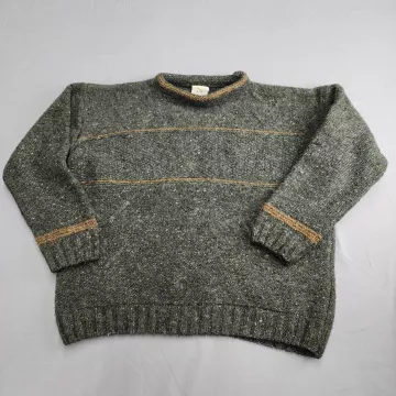 Oisin Ban Mens XL Green Striped Donegal Wool Rolled Crew Neck Sweater Ireland - Front