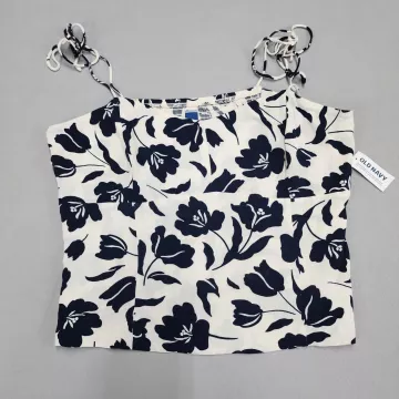 Old Navy Bustier Cami Tank Top Womens L Navy Blue Floral Tie Strap Smocked - Front