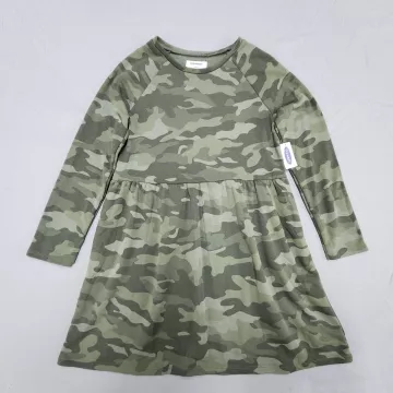 Old Navy Girls XL 14-16 Skater Dress Olive Green Camo Long Sleeve Fit Flare - Front