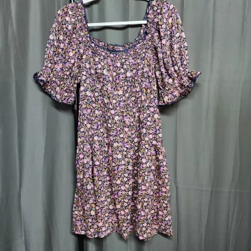 Old Navy Purple Floral Smocked Square Neck Puff Sleeve Mini Dress Womens M - Front