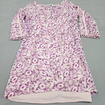 Old Navy Women's M Purple Floral Chiffon Boho Tunic Top Split Neck Lace Trim - Front