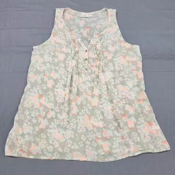 Old Navy Womens L Sleeveless Pintuck Blouse Floral Multicolor Cotton Top - Front