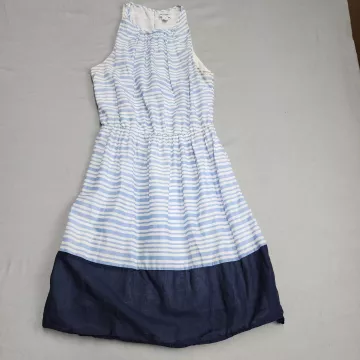 Old Navy Womens Petite S Halter Dress Striped Blue White Cotton Fit Flare Lined - Front