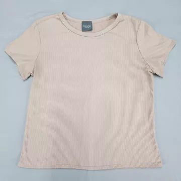 Olivia Rae Womens XL Beige Ribbed T-Shirt Short Sleeve Crew Neck Stretch Top - Front