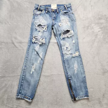 One Teaspoon Trashed Free Birds Skinny Jeans Womens 31 Blue Distressed Ankle Zip