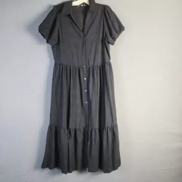 Ophelia Roe Womens L Black Tiered Shirt Dress Puff Sleeve Button Front - Front