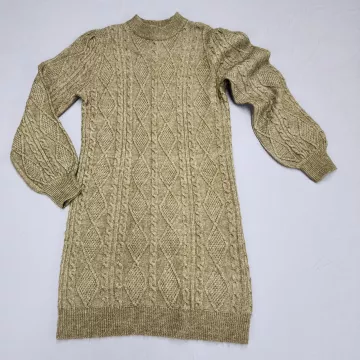 Ophelia Roe Womens M Green Cable Knit Mock Neck Puff Sleeve Sweater Dress - Main