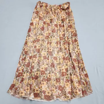 Originality Floral Mesh Midi Skirt Womens Size S Brown Yellow Lined Pull On - Front