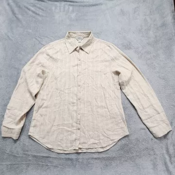 Orvis Shirt Men's Small Beige Striped Linen Rayon Button Up Long Sleeve Casual - Front