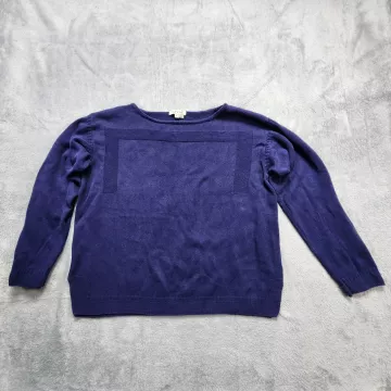 Orvis Sweater Women's L Navy Blue Boat Neck Textured Knit Pullover Side Slit Top - Front