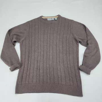 Oscar de la Renta Womens L Brown Cable Knit Crew Neck Pullover Sweater Cotton - Front