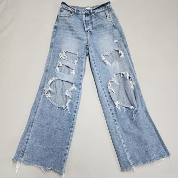 PacSun Womens Baggy Jeans Size 29 High Rise Light Blue Distressed Raw Hem - Front