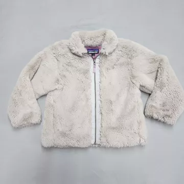 Patagonia Girls Size S 7-8 Beige Faux Fur Fleece Full Zip Jacket Purple Lining - Front