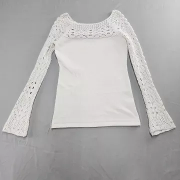 PattyBoutik Women's S White Knit Top Crochet Lace Yoke Bell Sleeve Scoop Neck - Front