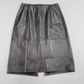 pia rucci Women's 10 Black Leather Pencil Skirt Elastic Waist Back Slit Knee - Front