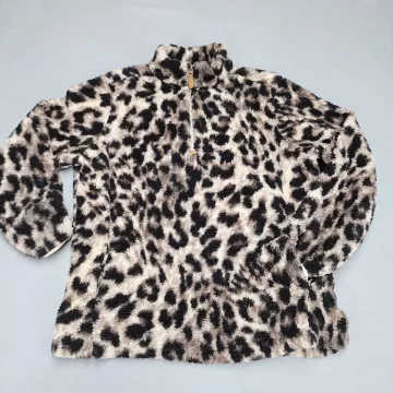 Pink Lily Womens 2XL Quarter Zip Fleece Pullover Jacket Leopard Print Black - Front